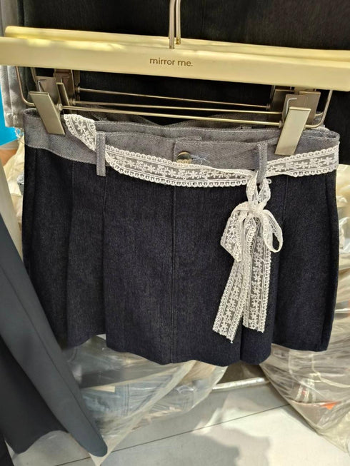 Denim Pleater With Lacey Lace Mini Skirts